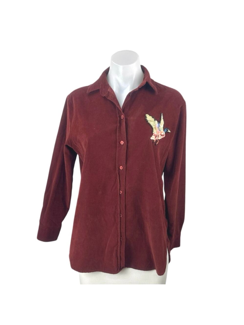 Beymen Club Red Maroon Corduroy Sequin Embroidered Duck Button Up Shirt Size XS